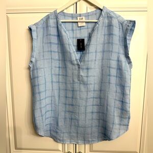 NWT Gap Size Medium 100% Linen Cap Sleeve V-Neck Blouse Blue Checkered Pattern